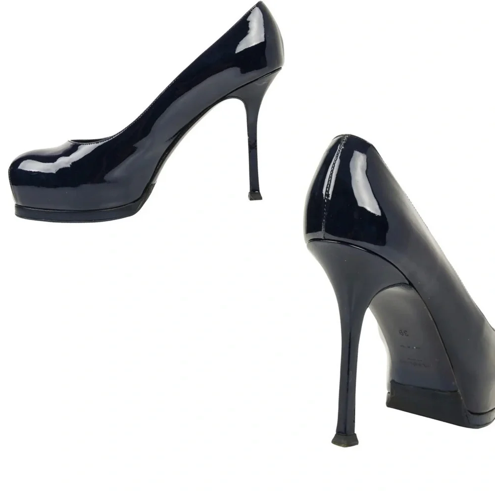 SAINT LAURENT Tribtoo 80 Patent Navy Blue Leather Heel Round Toe Pumps Size 40 - Picture 5 of 16